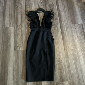 Fashion Nova Black Feather-Trim V-Neck Midi Dress